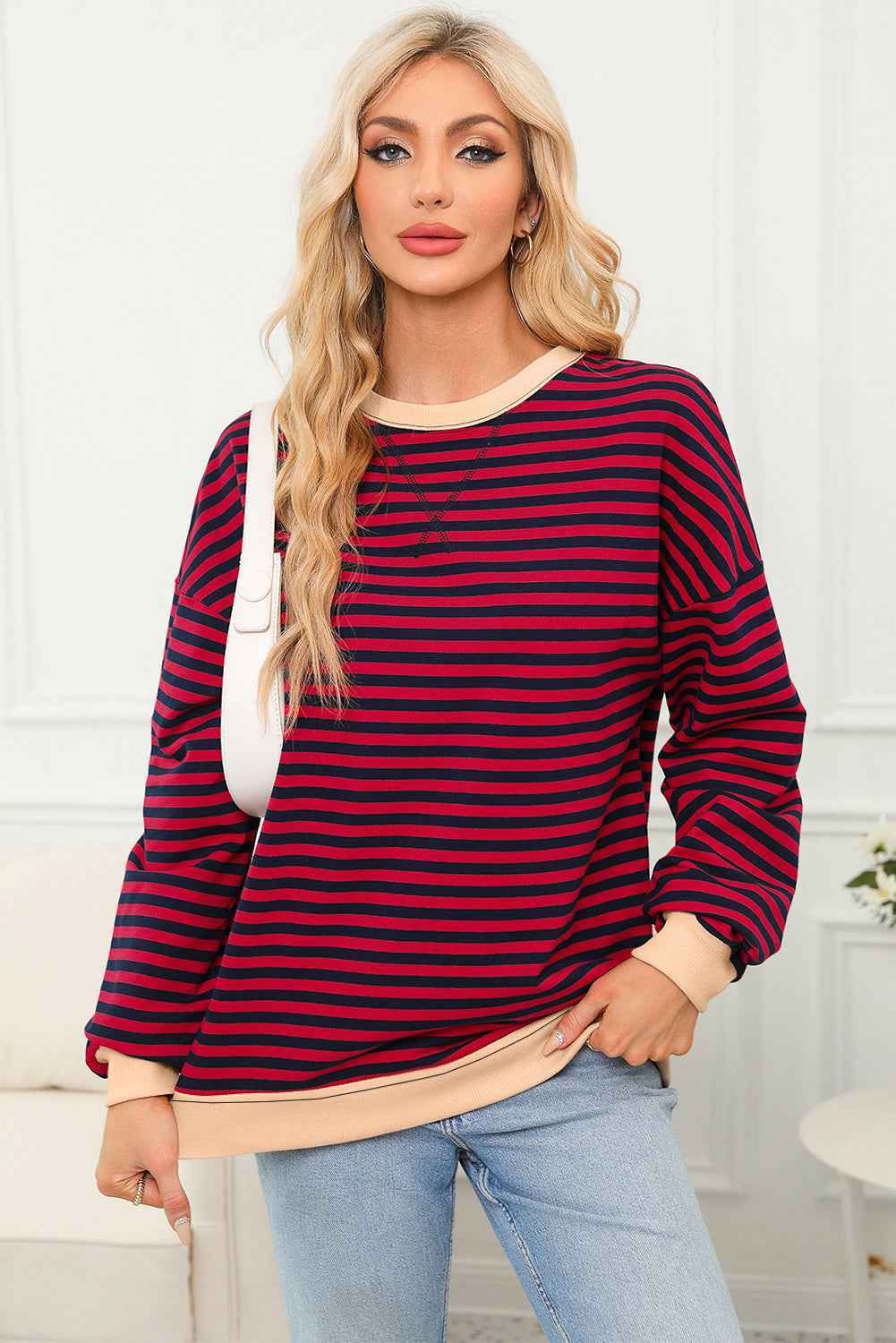Red Stripe Contrast Ribbed Trim Crossed Stitch Drop Shoulder Sweatshirt 8b51ec2b688a2dee