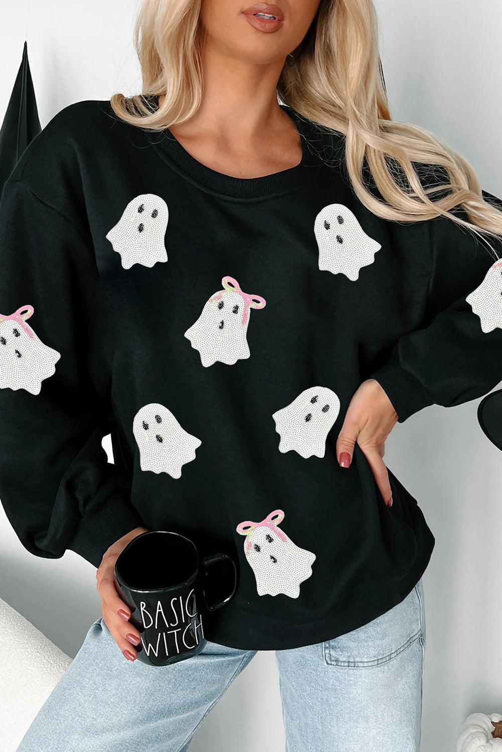 Black Cute Bow Ghost Sequins Patch Graphic Crew Neck Halloween Sweatshirt 8b5dcb9dd42e29b0
