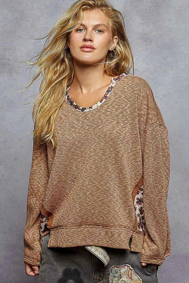 POL Balloon Sleeve Oversized Ribbed Top with Floral Pattern Contrast CHOCOLATE 8b619559-8684-4bea-b301-6c0c7e2d9882-Max-Origin