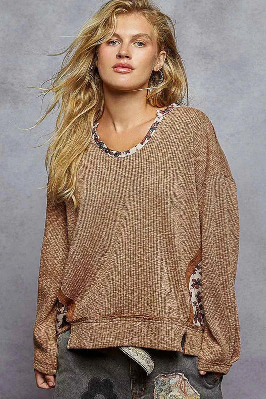 POL Balloon Sleeve Oversized Ribbed Top with Floral Pattern Contrast CHOCOLATE 8b619559-8684-4bea-b301-6c0c7e2d9882-Max-Origin