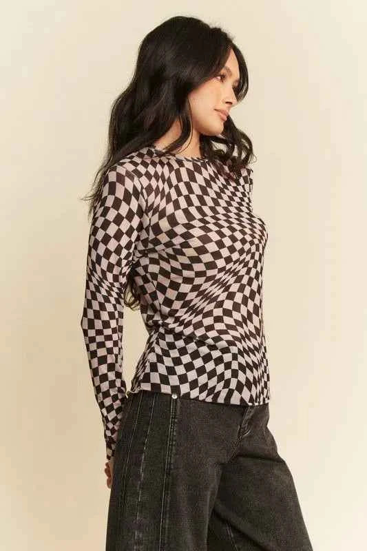 Davi & Dani Checker Board Mesh Long Sleeve Layering Top 8b6276ad5143497488e24e309188be8b-Max-Origin