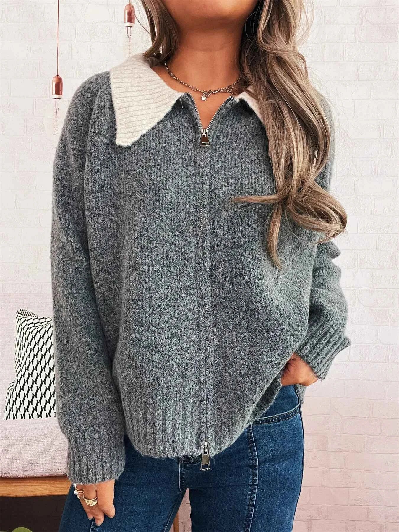 Contrast Collar Zip-Up Cardigan Dark Gray One Size 8b67865c9ee841a4829acb248d392d65-Max-Origin