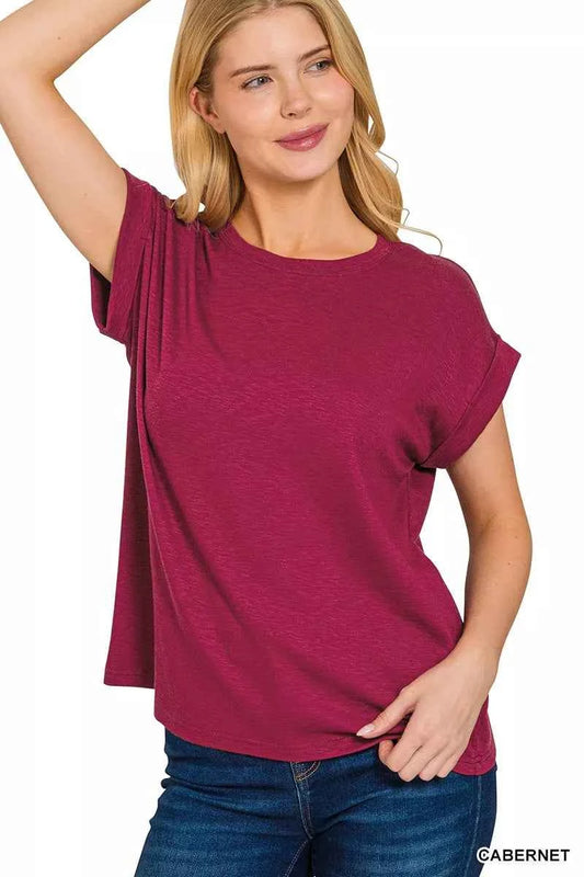 Zenana Cotton Modal Slub Rolled Sleeve T-Shirt CABERNET 8b6b87945ed848ca9a6ba8366278e6ef-Max-Origin