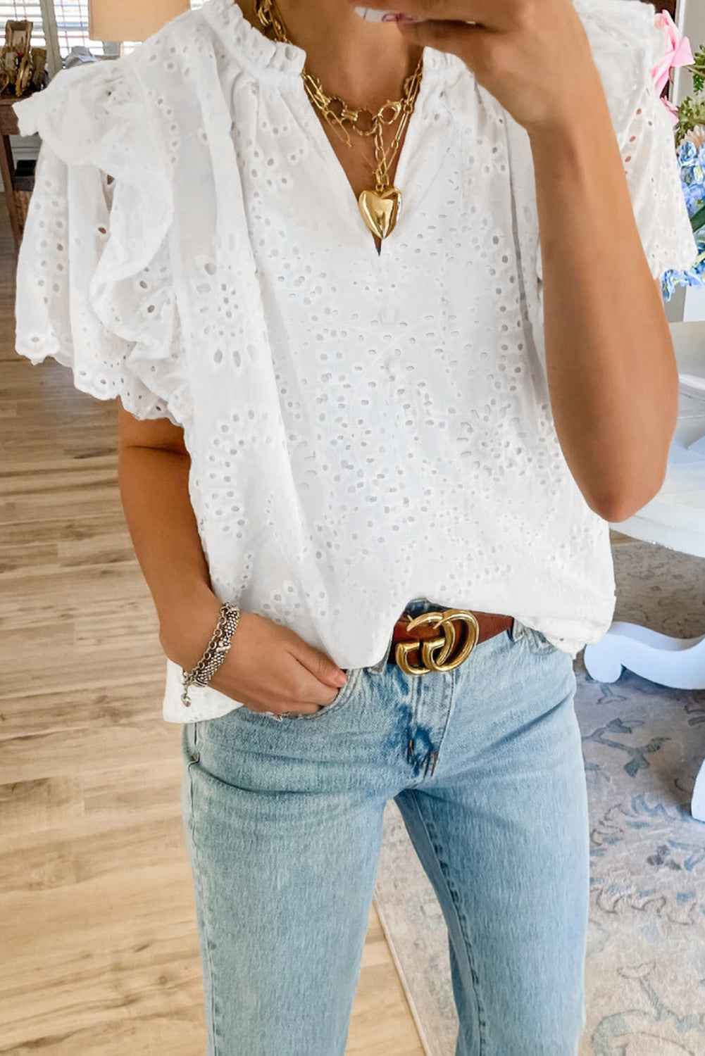 White Eyelet Flutter Sleeve V Neck Blouse White 8b6b917e83e21486