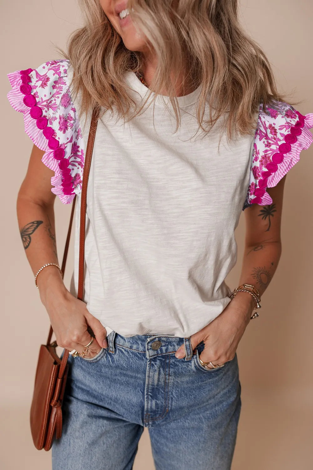 Ruffled Round Neck Cap Sleeve Blouse Fuchsia Pink 8b775f28-9624-4252-a680-d5928f57d0e9-Max-Origin