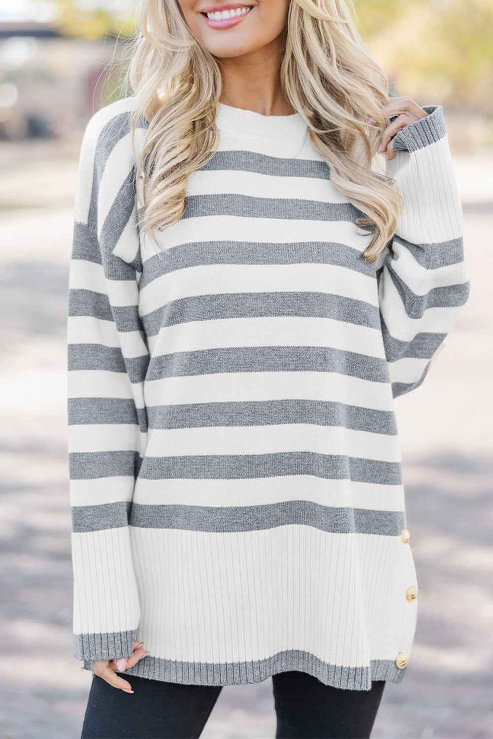 Gray Stripe Ribbed Buttoned Detail Drop Shoulder Tunic Sweater Gray Stripe 70%Polyester+20%Acrylic+10%Polyamide 8b781b9aebc8f0a5