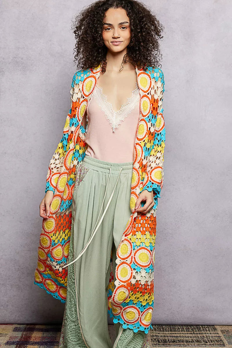 POL Scalloped Edge Open Front Crochet Cardigan with Colorful Stripe Pattern ORANGE MULTI One Size 8b78ec95-8549-4611-9ee0-9f28c0415b8d-Max-Origin