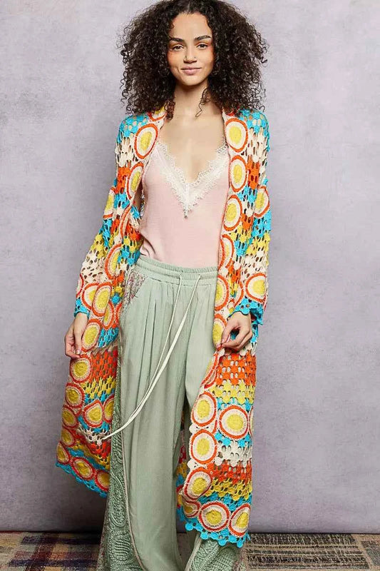 POL Scalloped Edge Open Front Crochet Cardigan with Colorful Stripe Pattern ORANGE MULTI One Size 8b78ec95-8549-4611-9ee0-9f28c0415b8d-Max-Origin