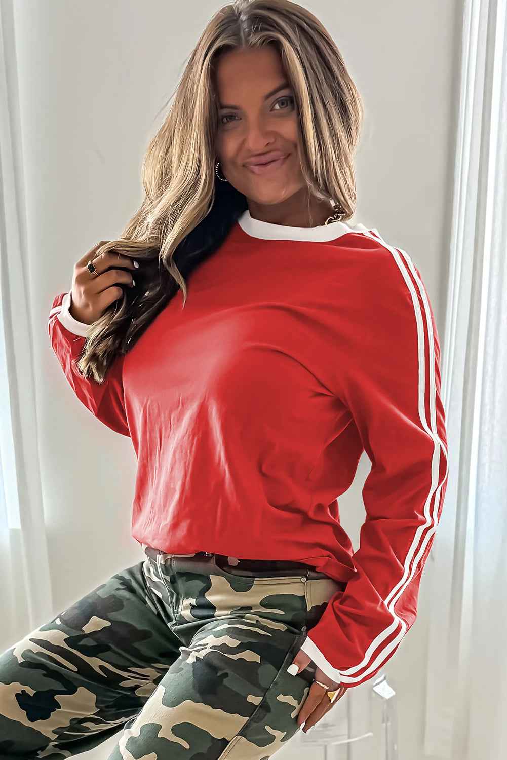 Fiery Red Varsity Striped Crew Neck Long Sleeve Top 8b7cc3fd0b4ad044