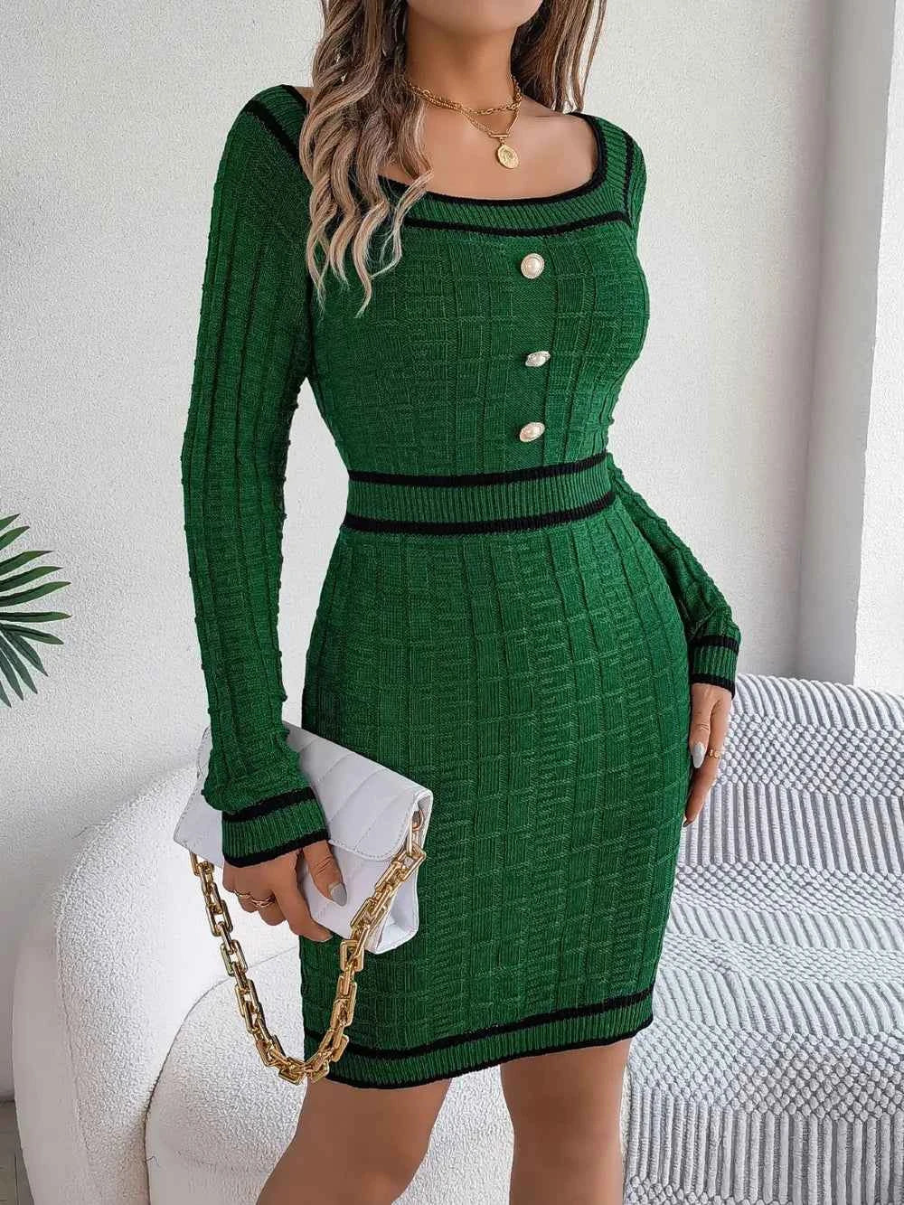 Contrast Trim Long Sleeve Sweater Dress Dark Green 8b7f7ede-50d8-48a9-8ccc-58f804e050cb-Max