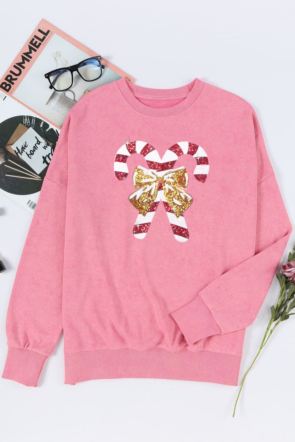 Sequin Candy Cane Round Neck Slit Sweatshirt