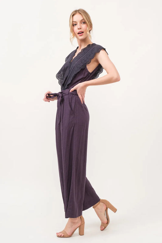 Laced Surplice Tie Waist Eyelet Jumpsuit with Pockets 8b871c9e-afdc-4313-8341-f7ef75982c18-Max
