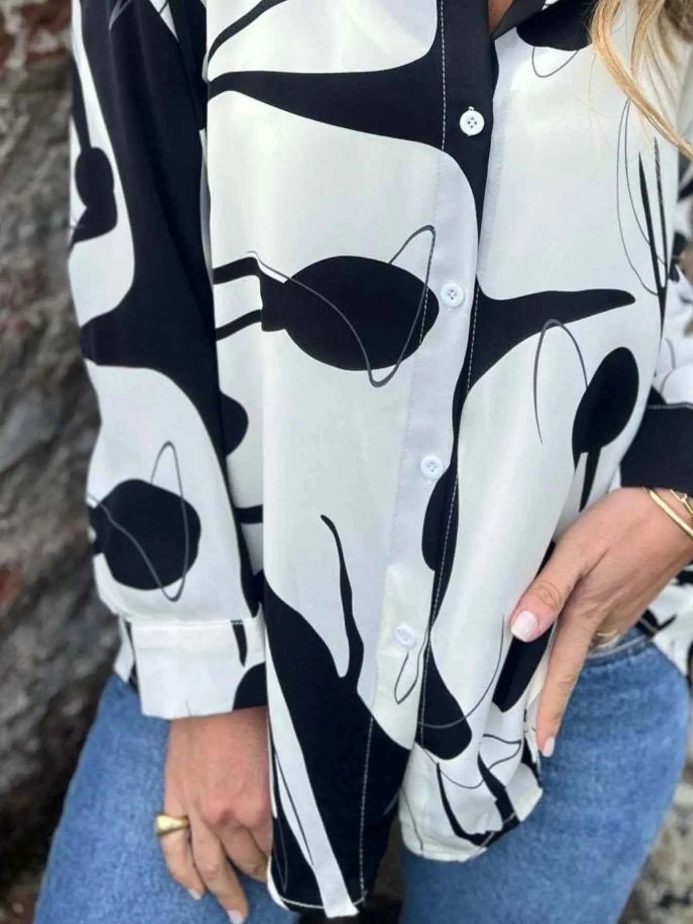 Full Size Abstract Print Long Sleeve Button-Up Shirt Plus Size