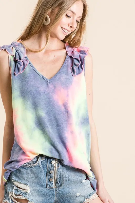 Tie Dye French Terry V Neck Top with Ruffle 8b88738348ab47d5827828ac43ade1e4-Max-Origin