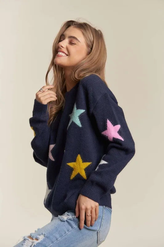 ADORA Stars Pattern Round Neck Drop Shoulder Sweater 8b8a26ce-1424-40a5-8cca-9c60d74ae1fb-Max