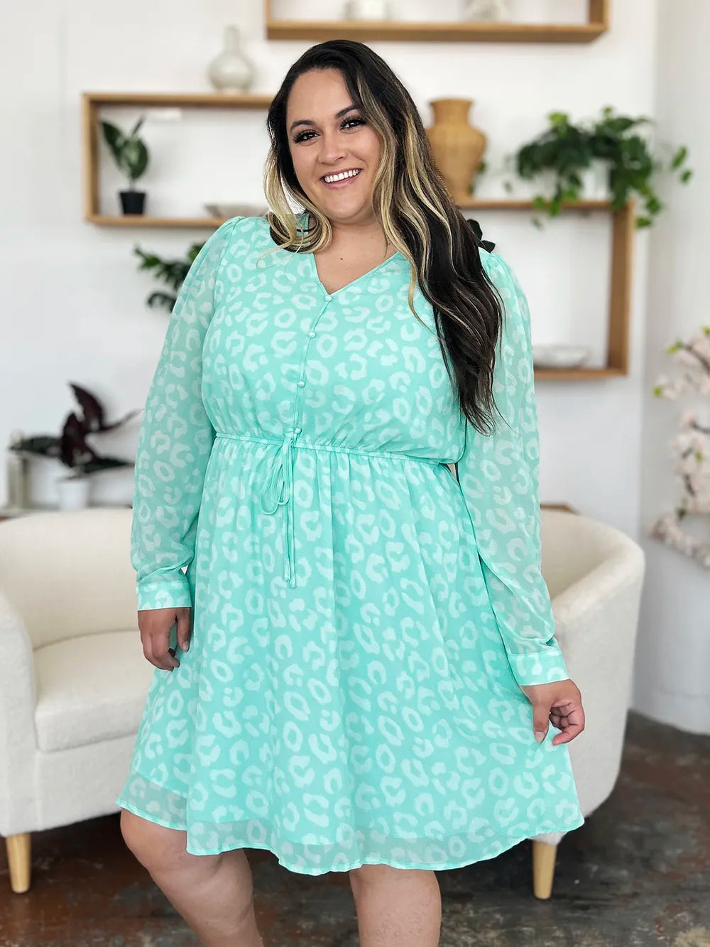 Double Take Full Size Printed Ruched V-Neck Long Sleeve Dress 8b8f89a5-1ea2-440a-9395-2e4f6a7800ef-Max