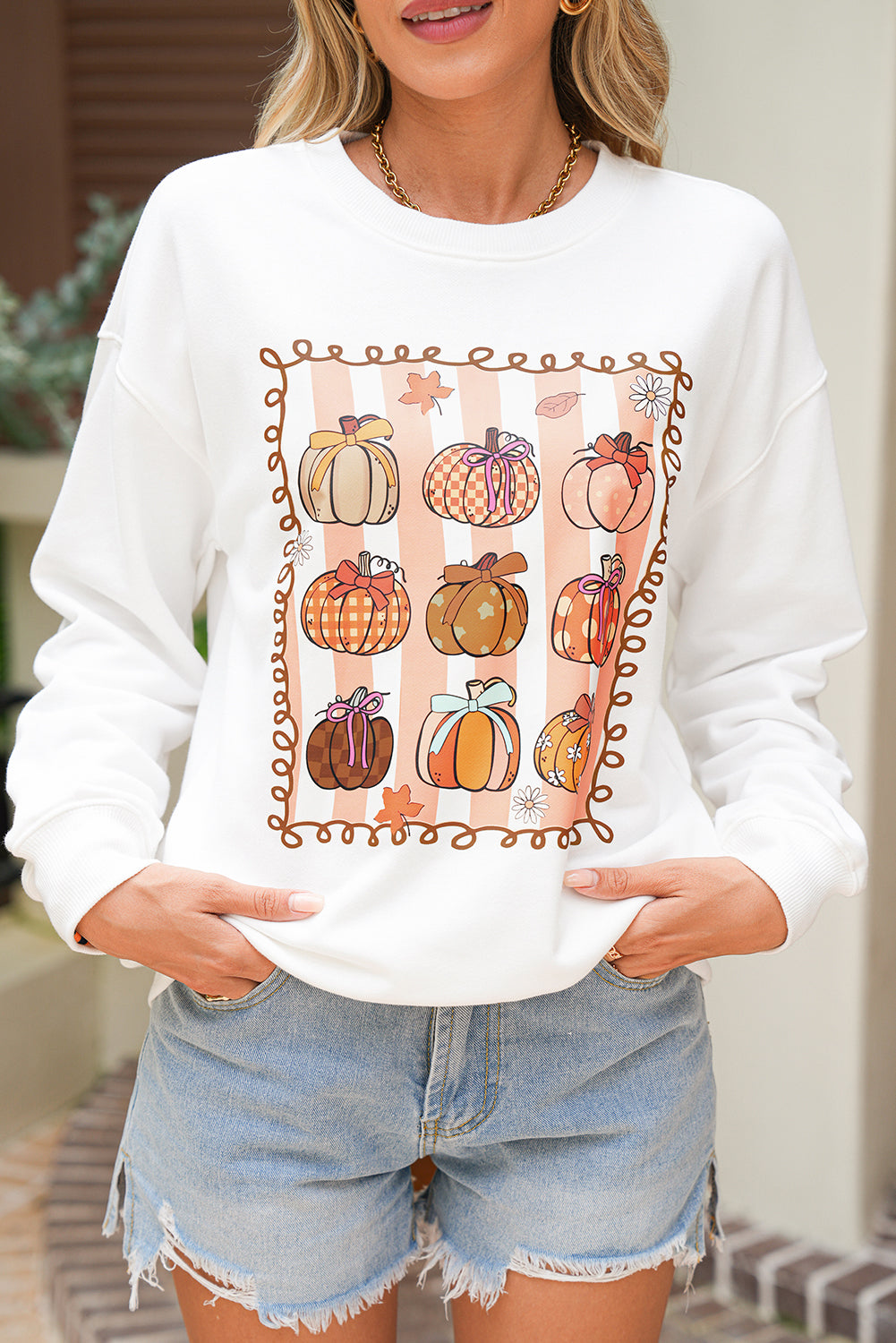 White Fall Bow Pumpkin Heat Transfer Printing Round Neck Graphic Sweatshirt 8b904a0d7799ed0e