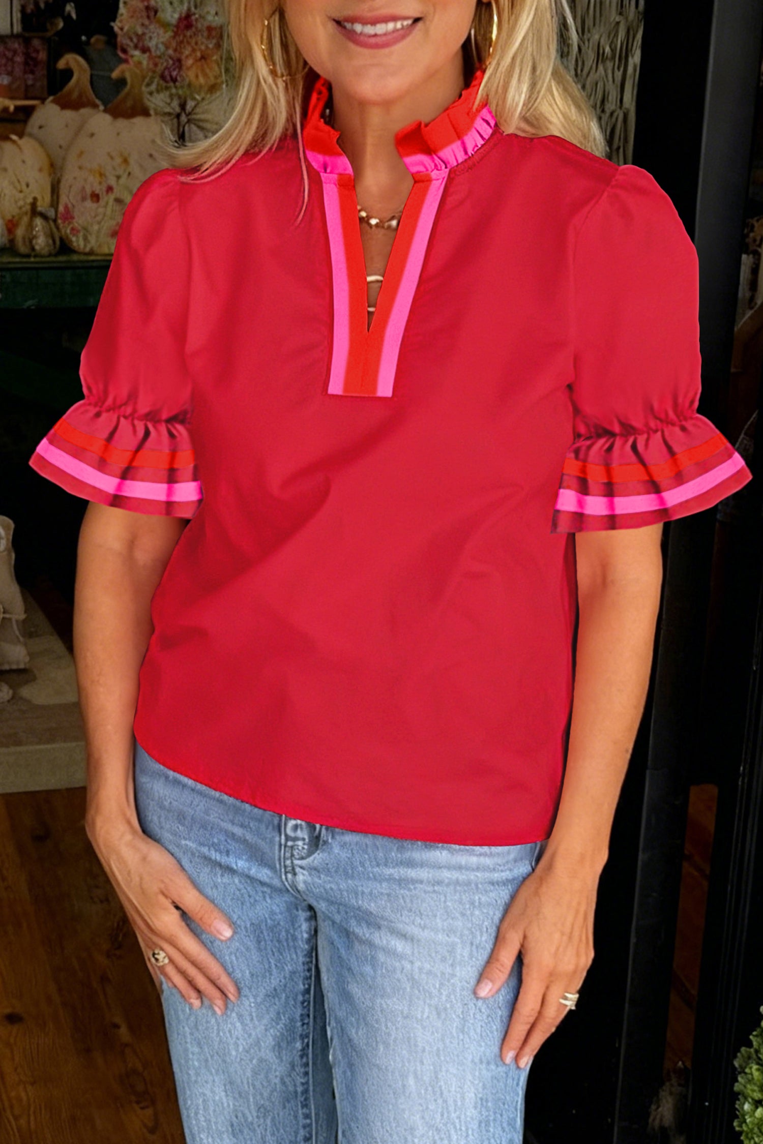 Fiery Red Striped Frilled Collar Ruffled Short Sleeve Blouse Fiery Red 50%Cotton+50%Lyocell 8b906e997c796fb7