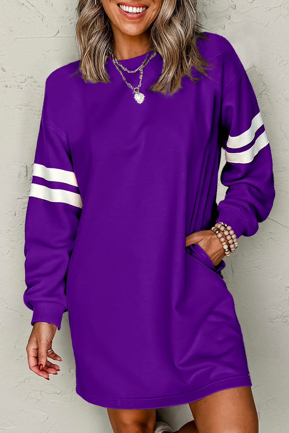 Tillandsia Purple Preppy Striped Sleeve Loose Mini Dress 8ba33b315954cbcb