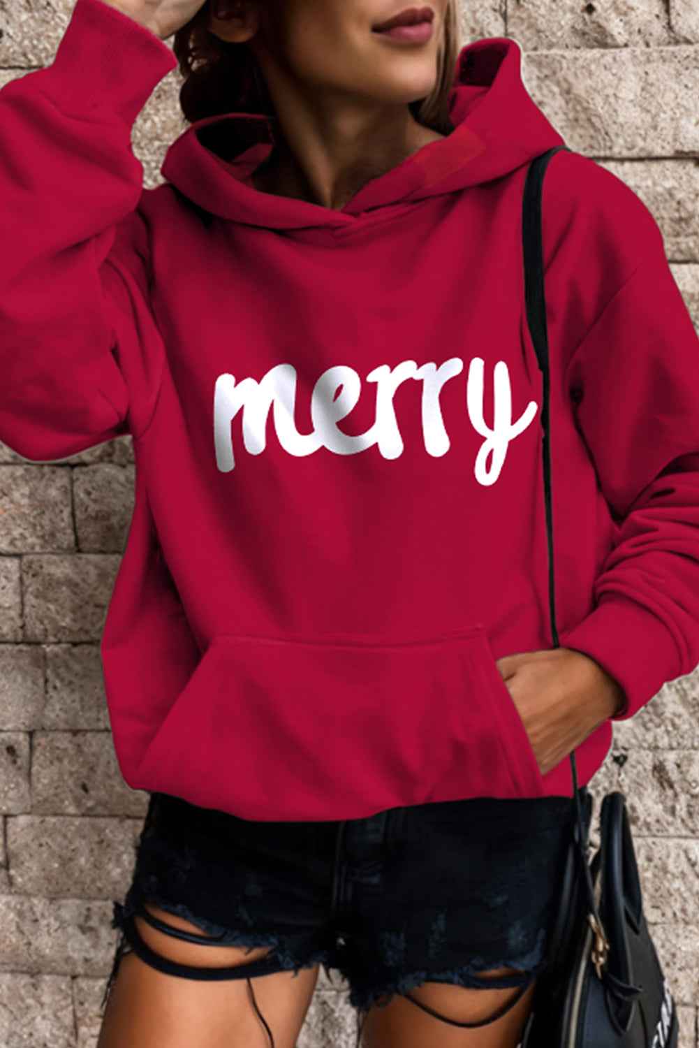 Red Loose Kangaroo Pocket Hoodie Red 95%Polyester+5%Elastane 8ba35e654f8e688d