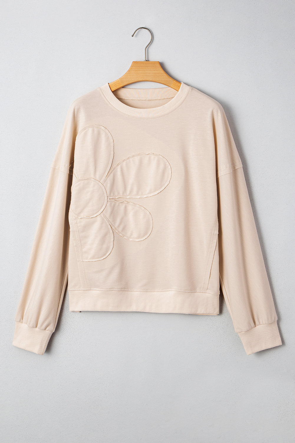 Smoke Green Raw Edge Flower Patch Drop Shoulder Long Sleeve Top 8bab76111b8b0a74