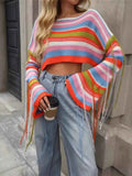 Fringe Striped Long Sleeve Crop Sweater Multicolor 8bace40752bf4321bde783be7c58a411-Max-Origin