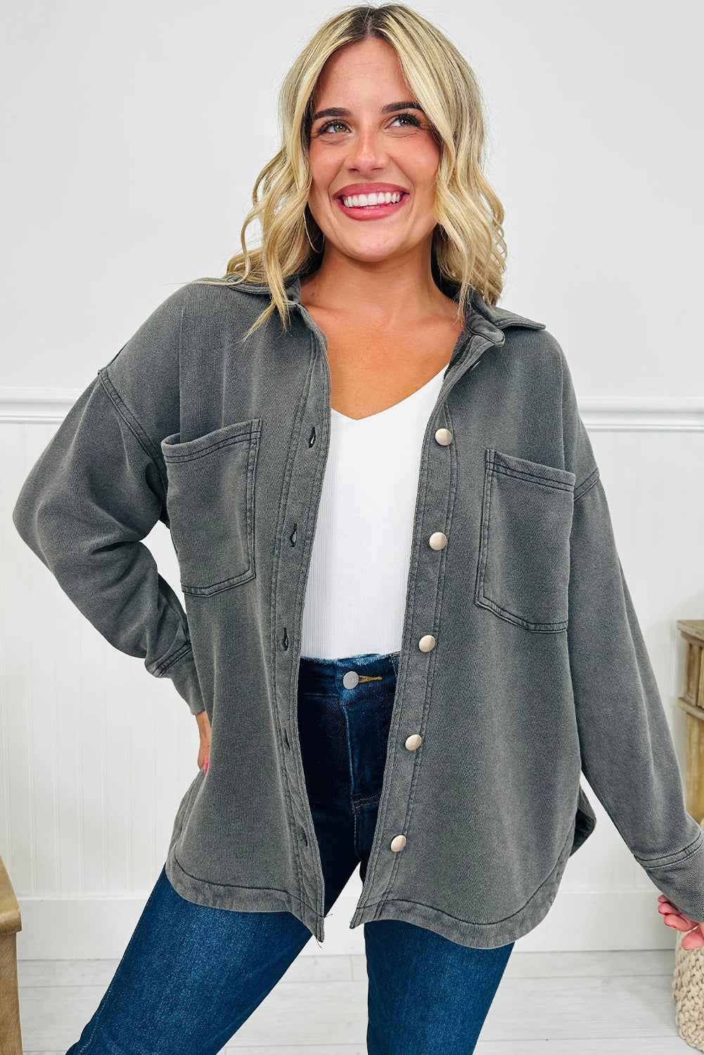 Medium Grey Mineral Wash Chest Pockets Drop Shoulder Shacket with Side Slit 8baefb11a613c575