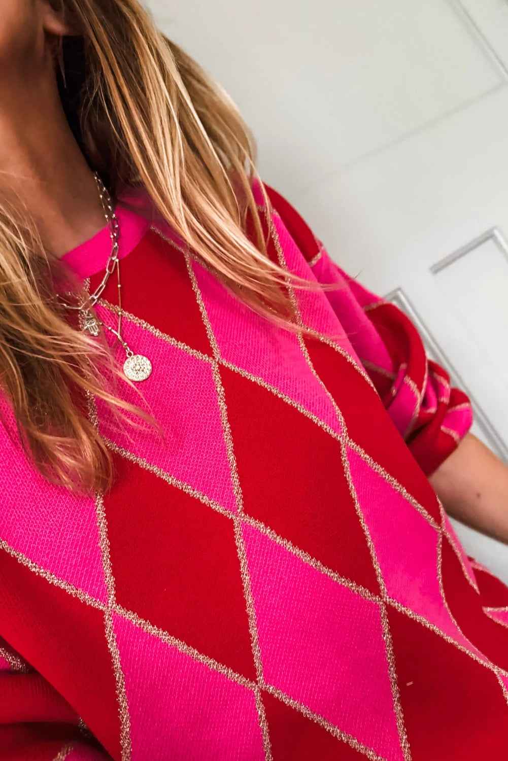 Rose Red Glitter Rhombus Pattern Knit Womens Casual Sweater 8bb02866896aff13