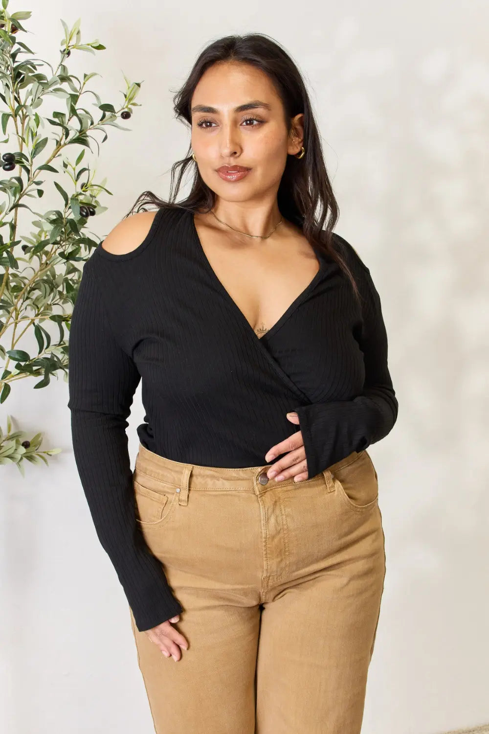 Culture Code Full Size Ribbed Surplice Cold Shoulder Top 8bb1aaf903e7450684fe995c597e03cf-Max