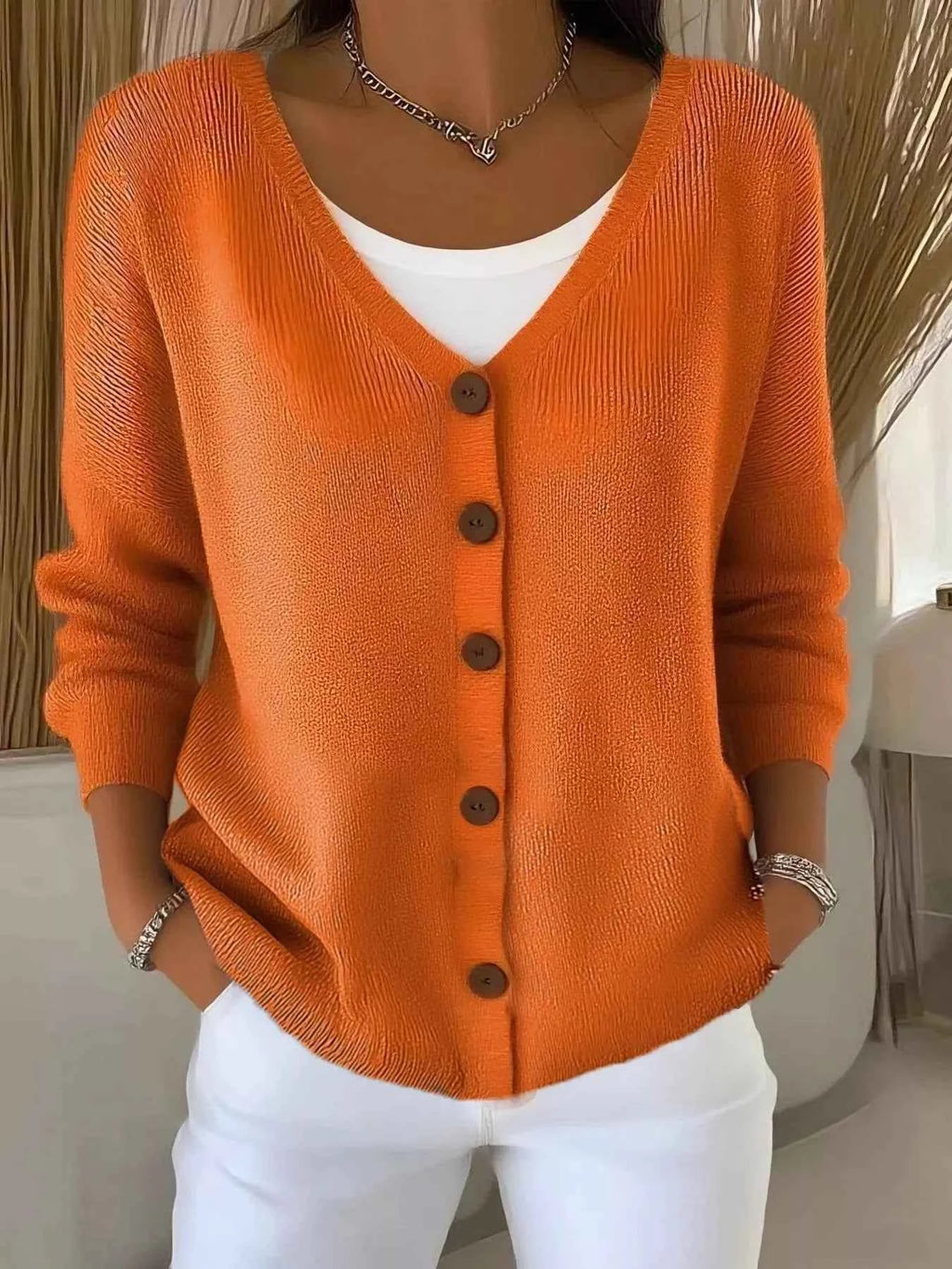 Full Size Button-Front V-Neck Cardigan Plus Size Orange 8bb1c3dabdb647249c443bc885a52fd0-Max-Origin