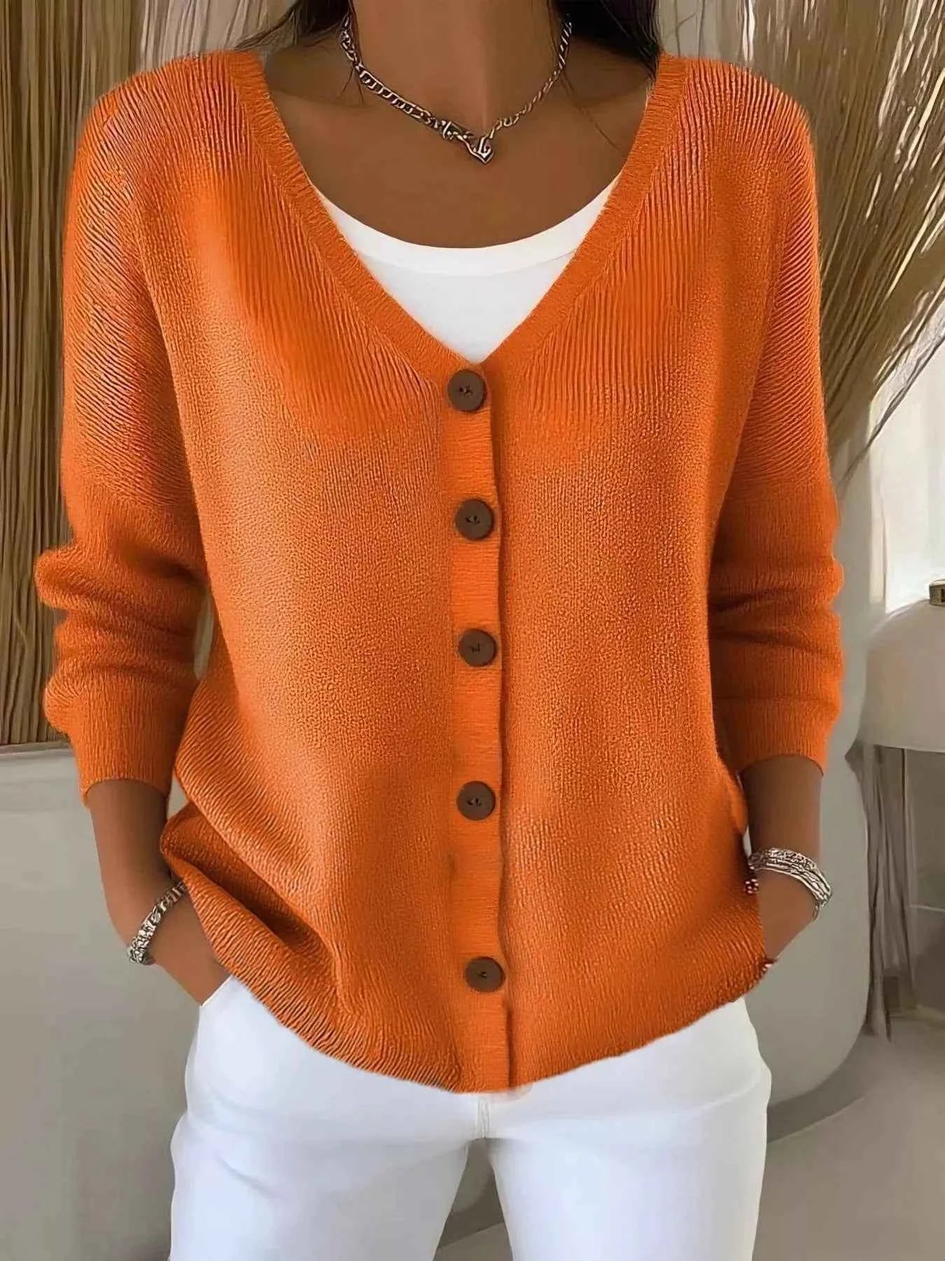 Full Size Button-Front V-Neck Cardigan Plus Size Orange 8bb1c3dabdb647249c443bc885a52fd0-Max-Origin