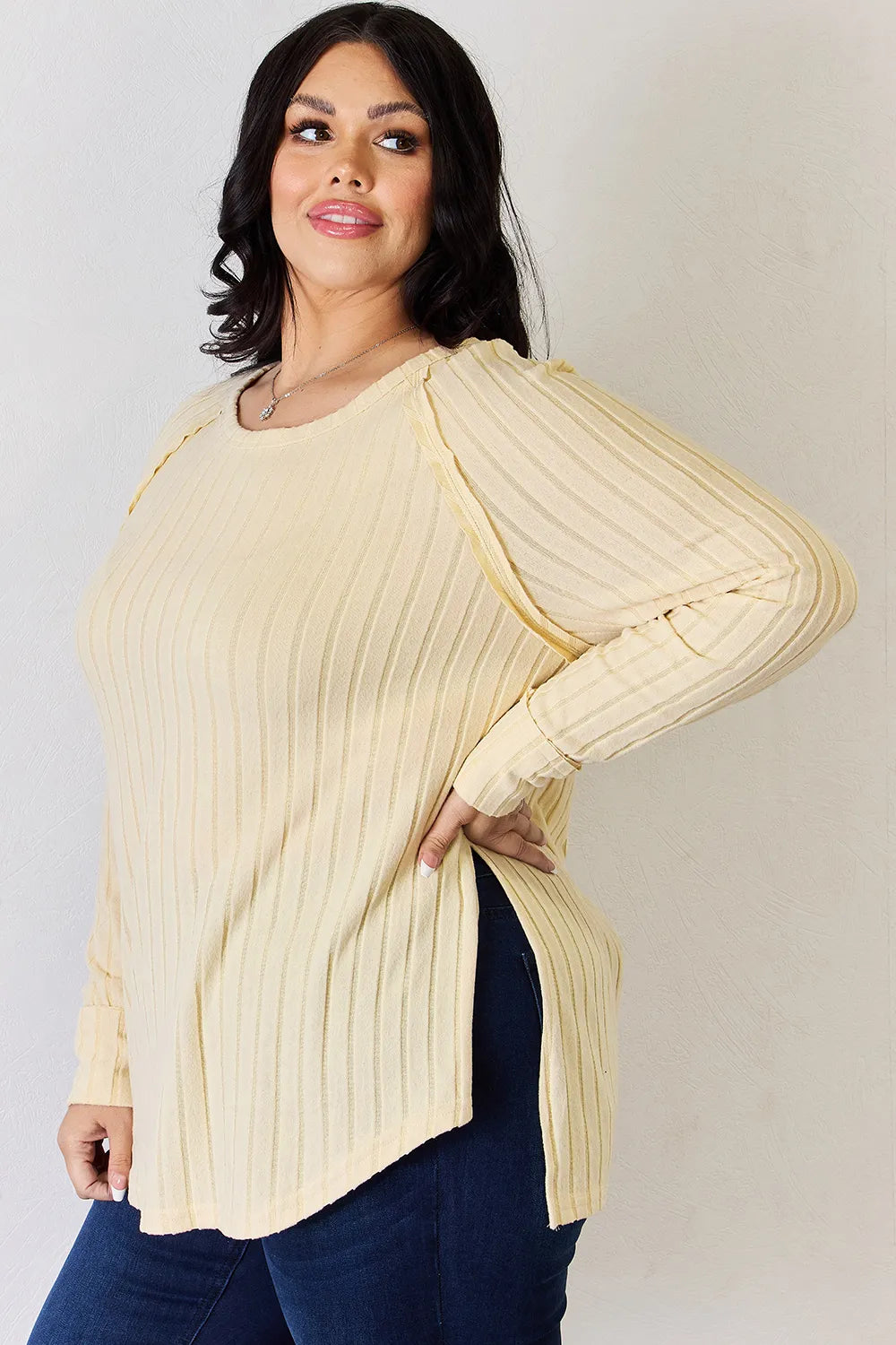 Basic Bae Full Size Ribbed Round Neck Slit T-Shirt 8bb46e15-b410-47aa-9d40-edcf0a183c12-Max