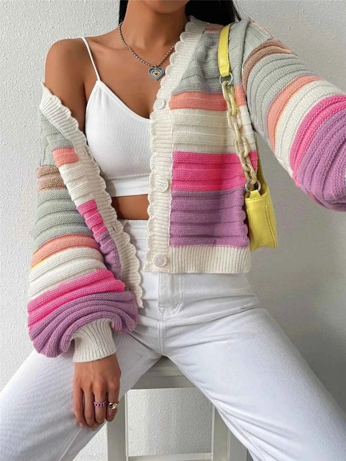 Rainbow Striped Cropped Cardigan with Balloon Sleeves