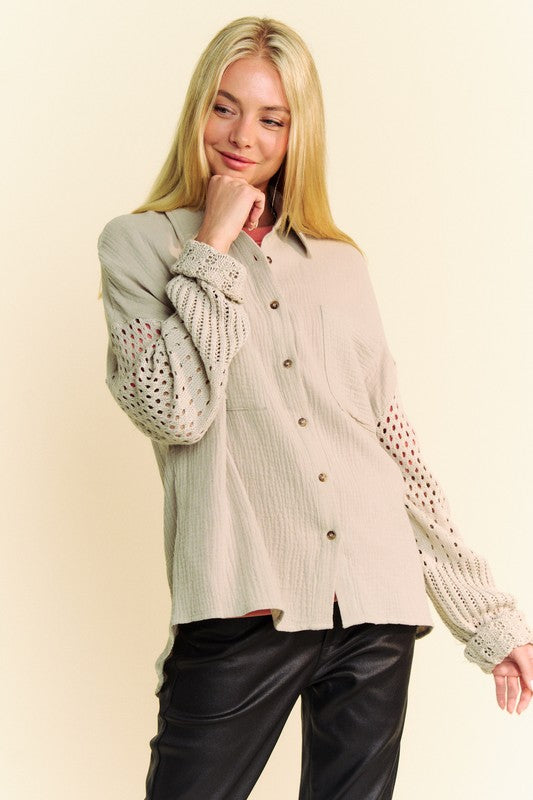 Davi & Dani Crochet Sleeve Crinkled Texture Shirt