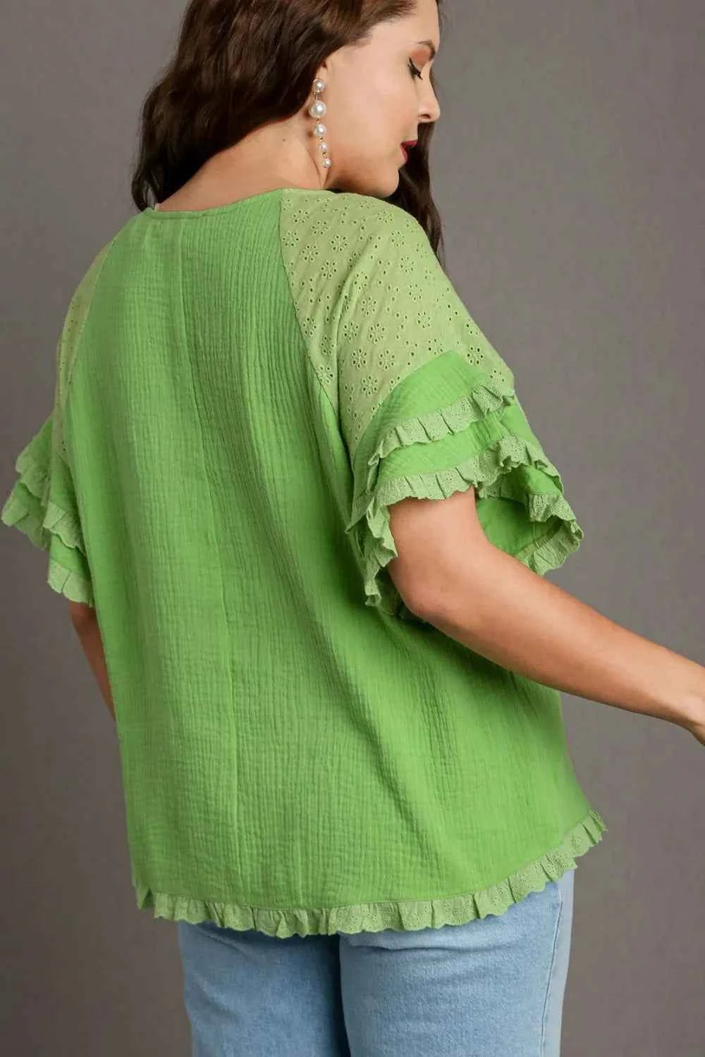 Umgee Full Size Cotton Gauze Round Neck Ruffle Eyelet Layered Sleeve Blouse Plus Size 8bbee650-9866-408f-a4f5-17362e04149c-Max