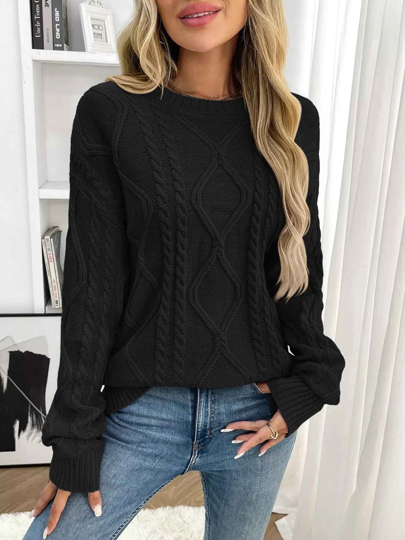 Cable Knit Round Neck Long Sleeve Sweater White 8bbf597fd6ca4b929674e906af5b2f7a-Max-Origin