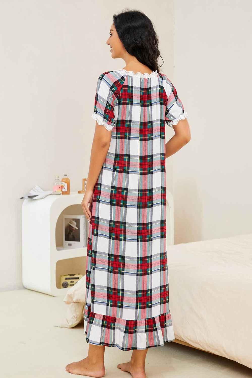 Plaid Lace Trim Ruffle Hem Night Dress 8bc457e7e16943468b2e7228a7a85220-Max