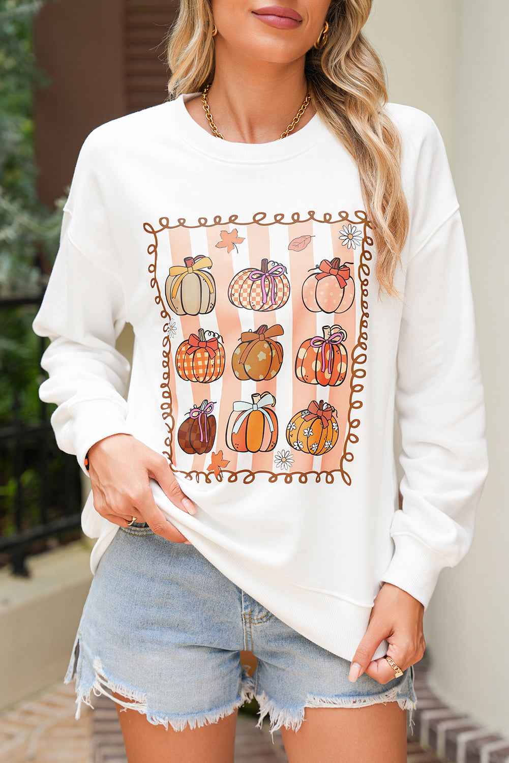 White Fall Bow Pumpkin Heat Transfer Printing Round Neck Graphic Sweatshirt White 50%Polyester+50%Cotton 8bc97e90b82f4fee