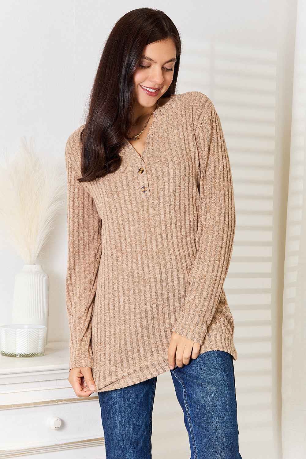 Double Take Notched Neck Ribbed Long Sleeve T-Shirt Khaki 8bcd0e4bfd9648afb597787b4a0c7654-Max