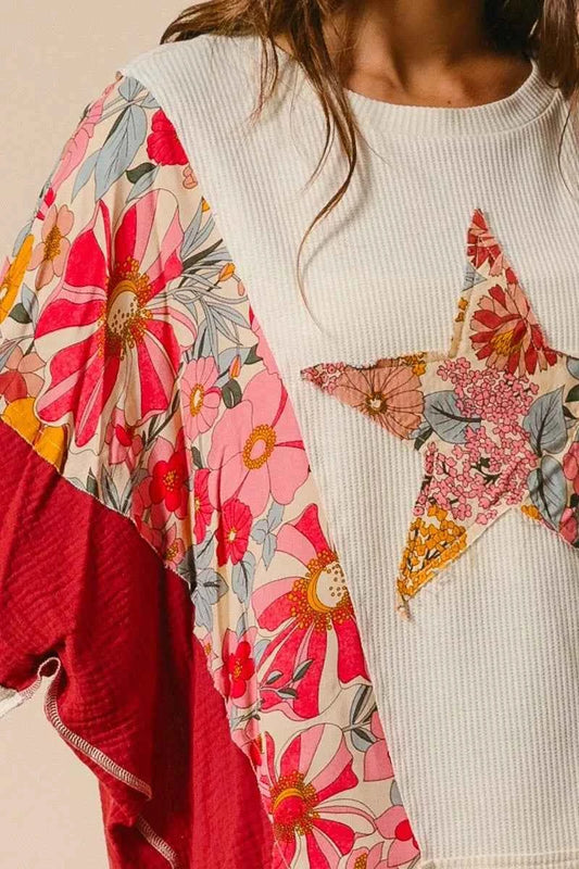 Floral Print Mixed Star Patch Round Neck Sweatshirt 8bd5977218db49d6aa40e7c191e04d86-Max-Origin