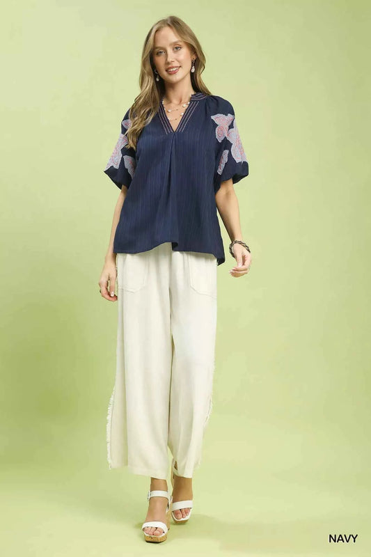 Embroidered Balloon Sleeve Notch Neck Blouse 8bd6fdb4-f89a-4c25-9b5e-71781be85299-Max-Origin