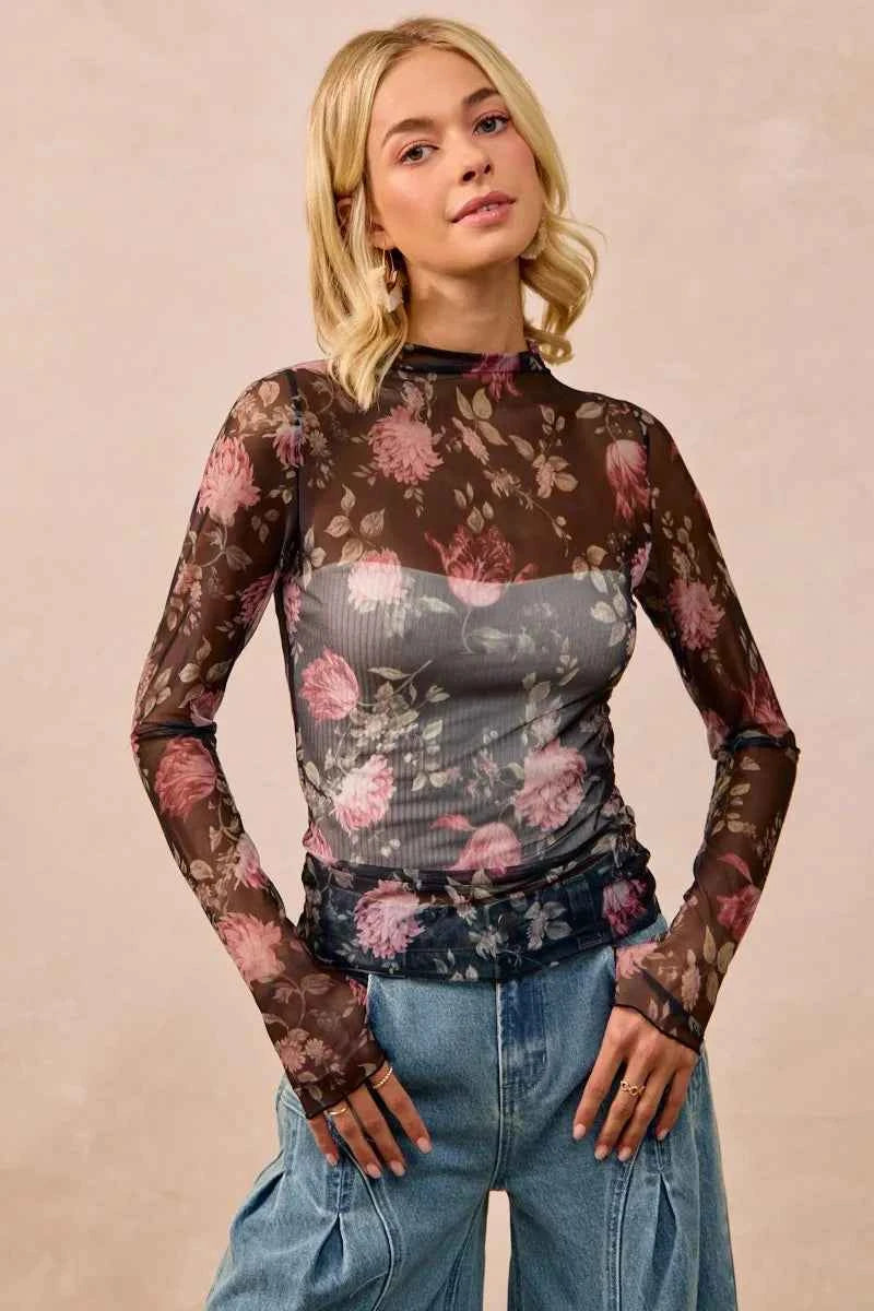 BiBi Flower Printed Mesh Lace Top with Thumb Opening 8bd8e28efaf149618e48f2e816880e95-Max-Origin