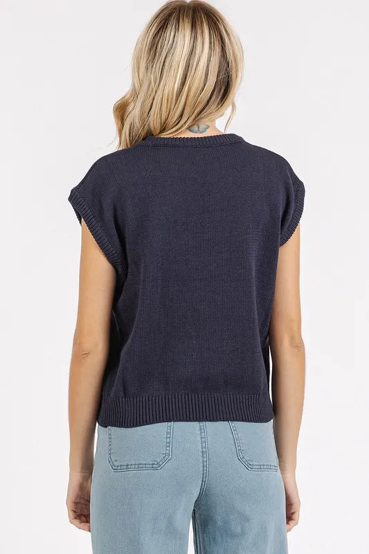 Contrast Letter Round Neck Cap Sleeve Knit Top 8bdad46a-6dca-4e62-b117-efcbdd36f2a4-Max