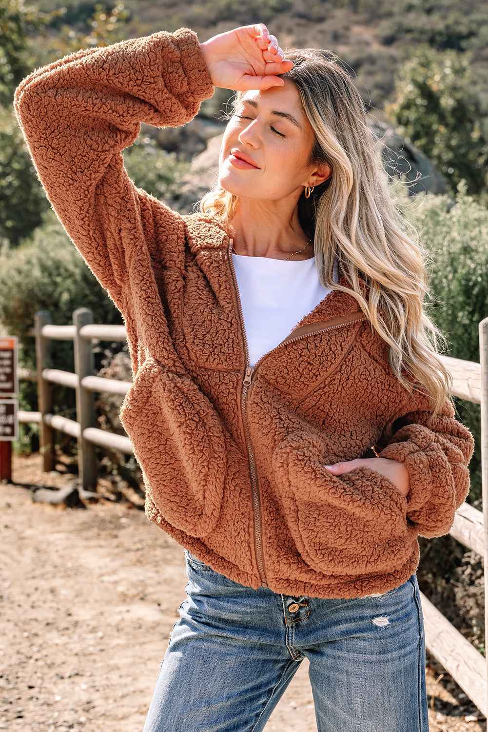 Straw Yellow Zip Up Hooded Sherpa Jacket 8bdb9fcfa253558f