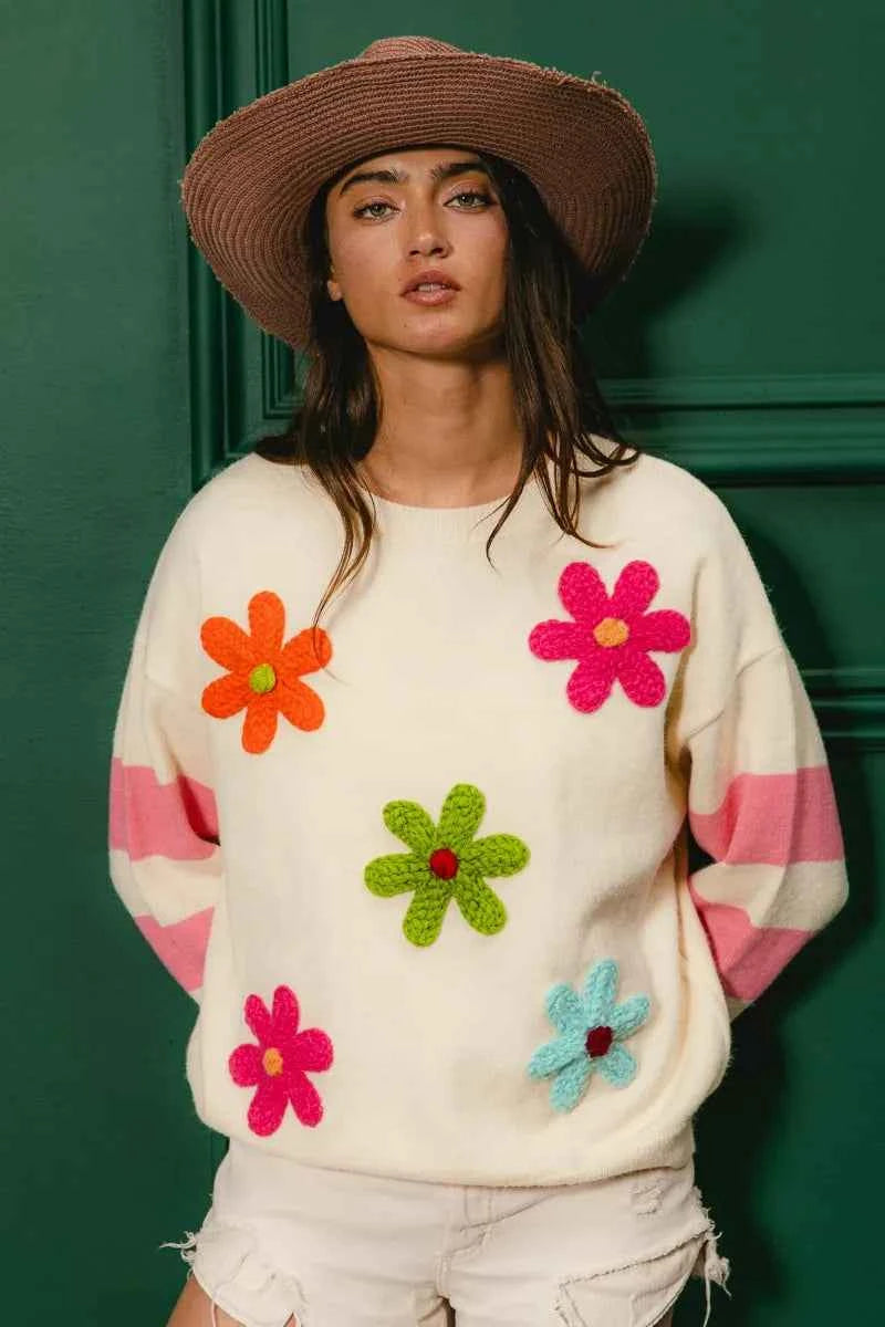 BiBi Colorful Floral Patched Sweater with Striped Sleeve 8bdf7ae901fa4f05bc4f5753ac525c30-Max-Origin