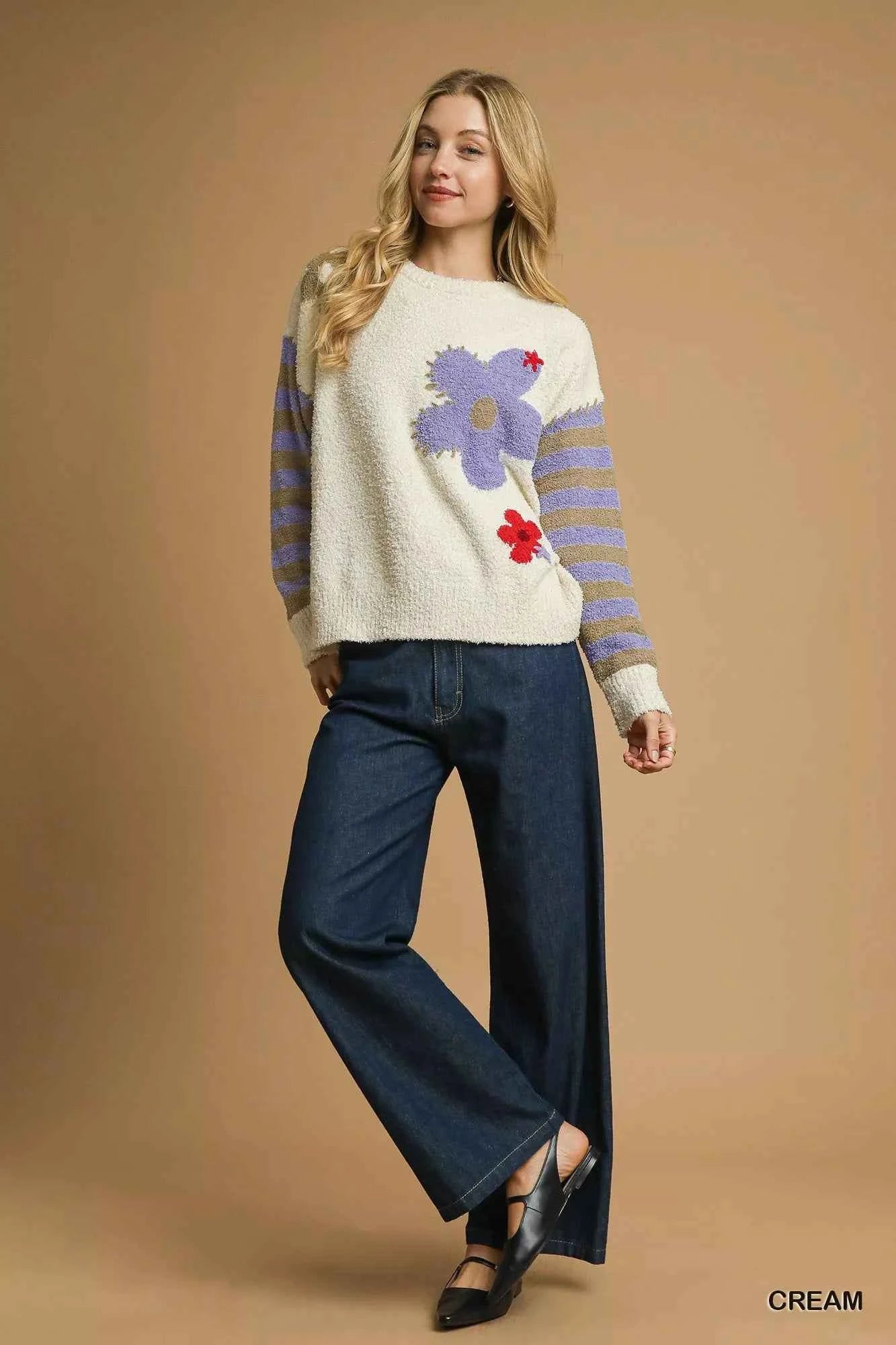 Umgee Flower Jacquard Striped Long Sleeve Sweater 8be33ae2-e43a-4c0b-b38a-982722fee290-Max-Origin