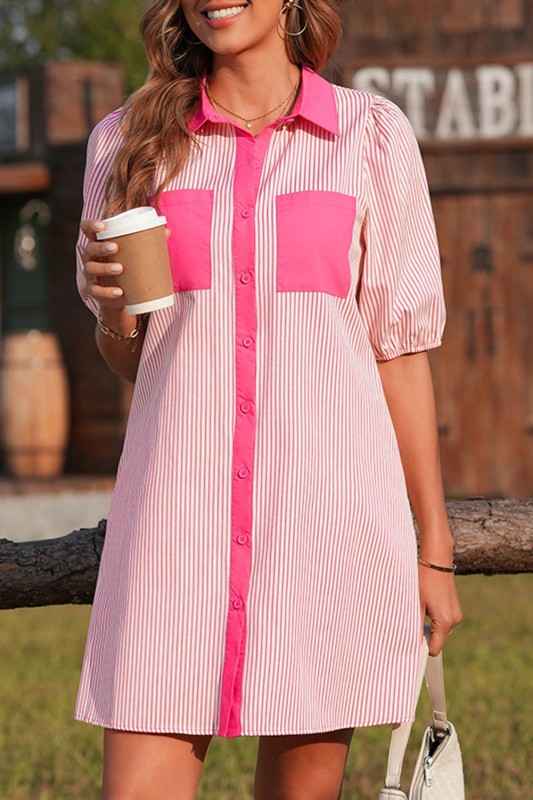 Stripe Patchwork Chest Pocket Mini Shirt Dress 8be80a25-2256-4963-a449-03476a68ac00