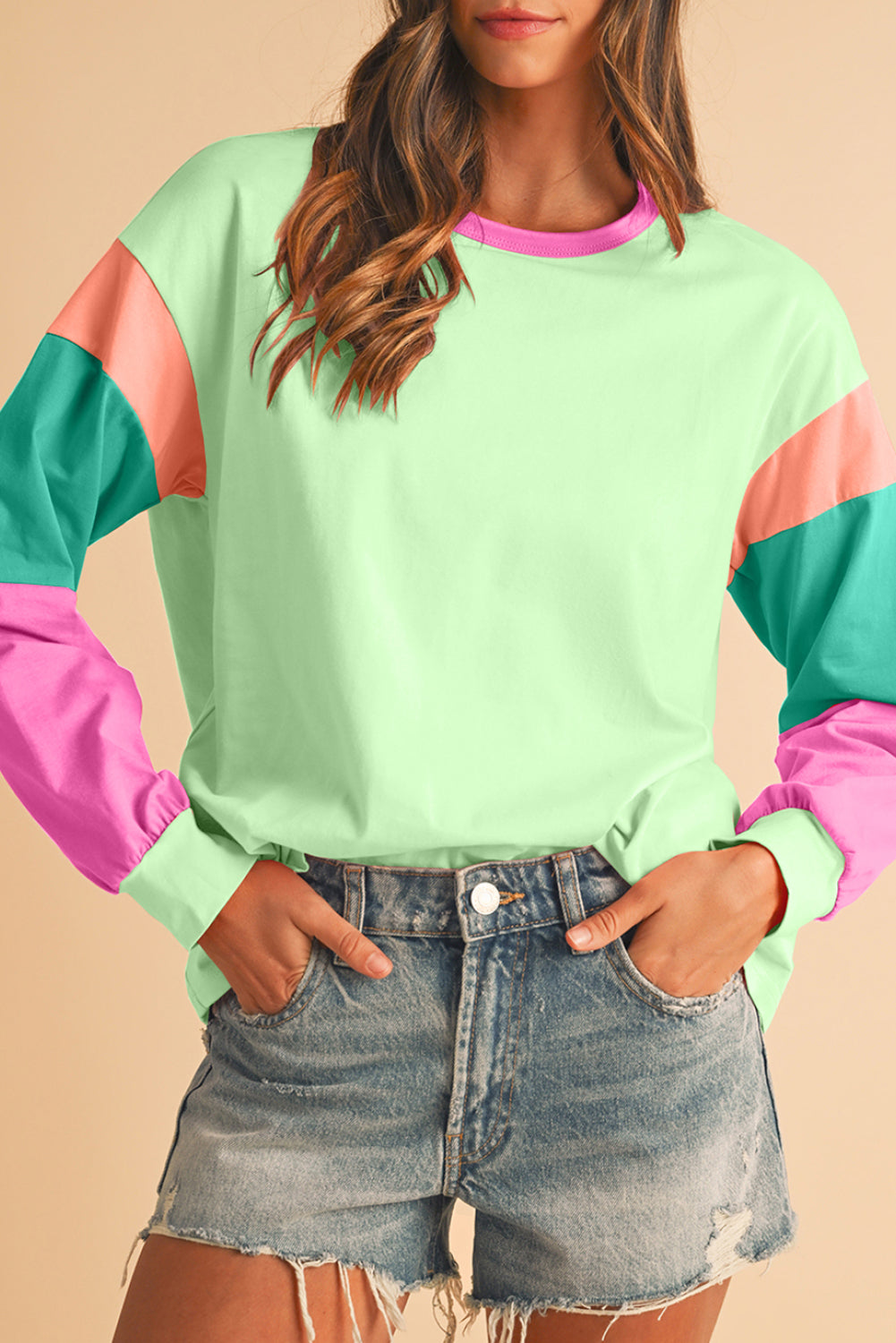 Green Color Block Sleeve Loose Fit Top Green 95%Cotton+5%Elastane 8be9d795de25cfe5