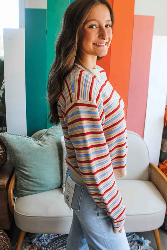 Khaki Stripe Drop Shoulder Cropped Long Sleeve Fall Sweater 8bebdff1806b0034