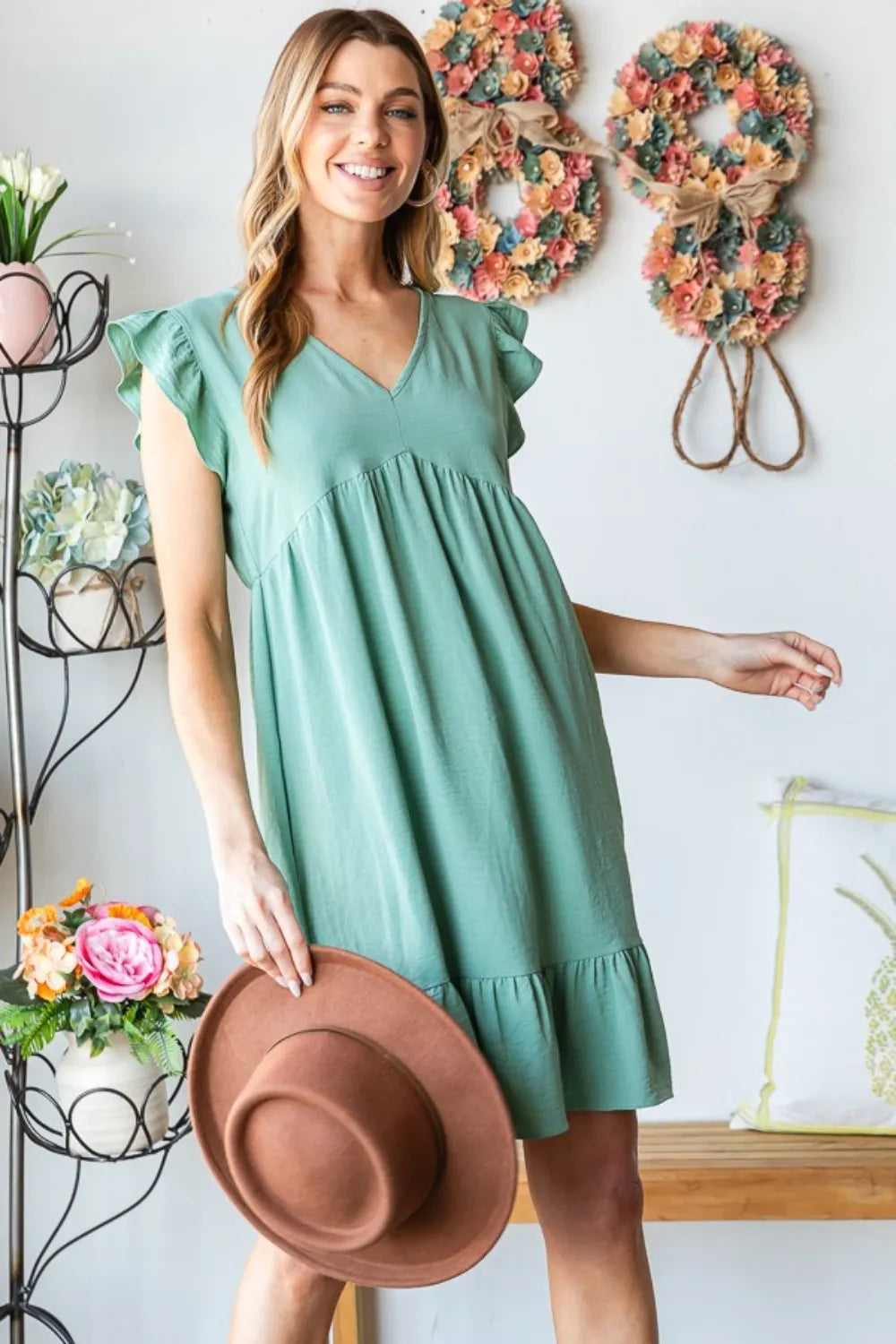 Heimish Full Size Short Sleeve V Neck Ruffled Hem Dress 8beda2e3-0248-4532-afaf-cabb6fa988b2-Max
